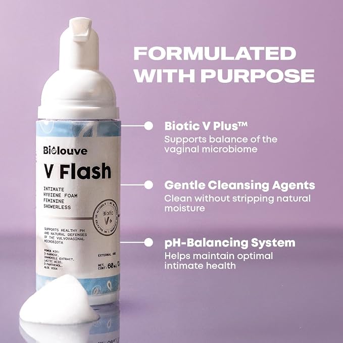 V Flash Rinse-Free Intimate Hygiene Foam - Ph Balance Feminine Wash for Women's Vulva Daily Care - BioticV+ - No Rinse Vaginal Cleanse & Odor Control for Menstruation, After Sex, Post-Workout