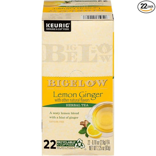Bigelow Lemon Ginger Herbal Tea Keurig K-Cups, 22 Count Box (Pack of 1), No Caffeine 22 K-Cup Pods Total