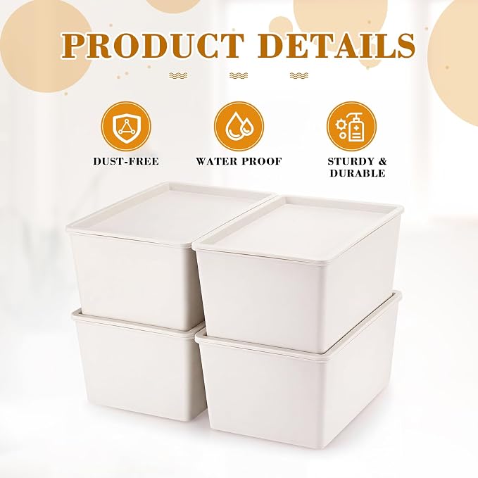 4 Pcs Storage Bins with Lids Plastic Stackable Containers for Classroom Room Organizing Shelves Christmas Ornament Box Baskets(Beige,Small)