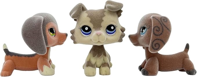 3pcs/Set Custom Flocked Pet Shop Toys Short Hair Cat Kitten Collie Great Dane Cocker Spaniel Dachshund Puppy Dog OOAK Compatible with LPS (#675 and 2210 and 640)