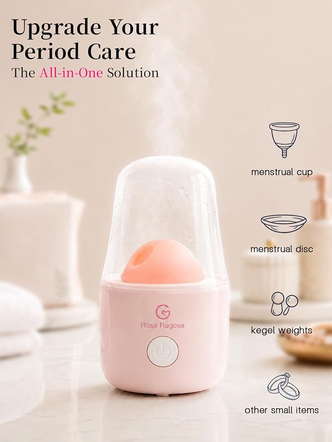 ROSA RUGOSA Menstrual Cup Sterilizer Fits Menstrual Cups and Disc, See-Through Design, Includes Measuring Cup, Auto Shut Off, for Home, Dorm and Travel