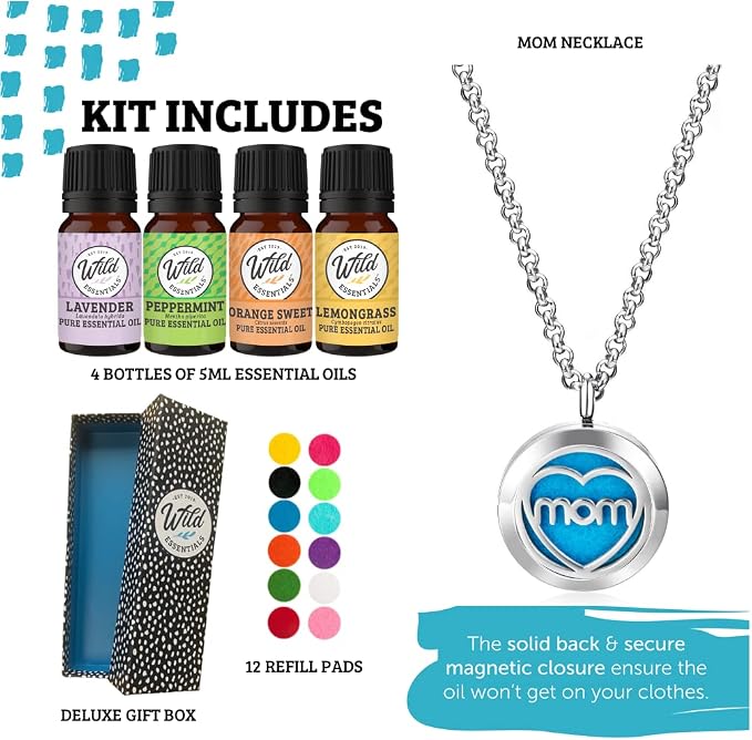 Wild Essentials MOM Aromatherapy Necklace Diffuser Includes 4 Pure Essential Oils, Lavender, Lemongrass, Orange, Peppermint - Stainless Steel Chain/Pendant, 12 Pads, Gift Set