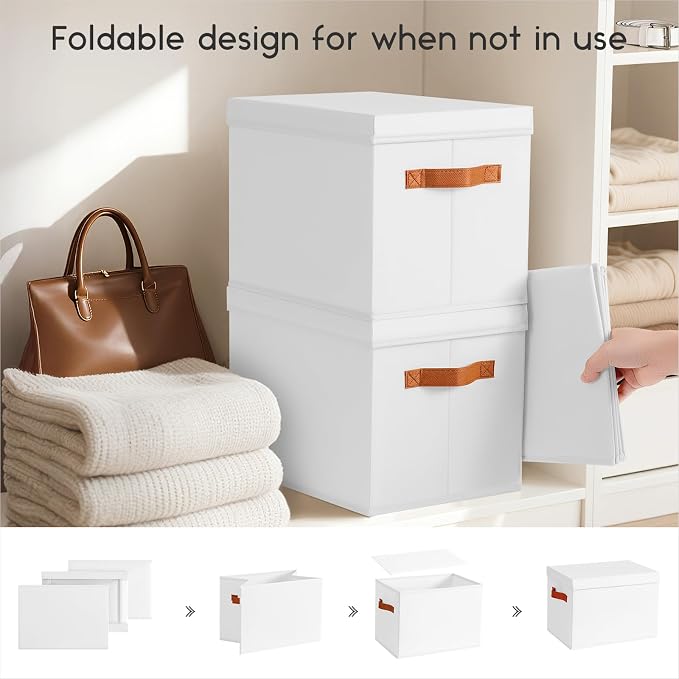 Storage Bins with Lids - Large Fabric Closet Bins with Lid, 5 Pack Clothes Organizers and Storage, Collapsible Stackable Cube Basket for Home, Office, Dorm, White
