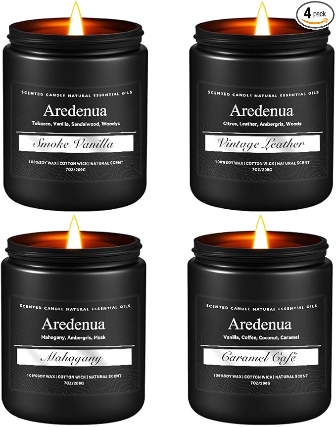 Men’s Candle Set for Men, 4 Pack Masculine Scented Candles – Vintage Leather, Smoke & Vanilla, Mahogany, Caramel Coffee – Soy Candles for Home, Gentlemen Candle Aromatherapy Gift for Him