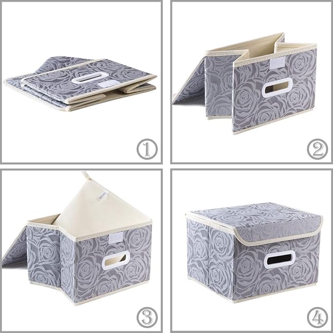 Stackable Storage Boxes with Lids [5-Pack] Fabric Decorative Storage Bins Cubes Organizer Containers Baskets with Cover Handles Divider for Bedroom Closet Living Room Grey 9.8x7.9x6.7 Inch