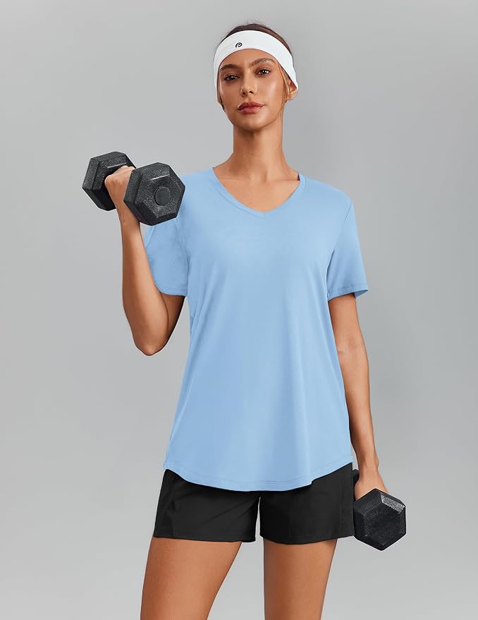 PINSPARK Soft Workout Tops for Women Short Sleeve V Neck Moisture Wicking UPF 50+ Sun Protection Quick Dry Gym Shirts