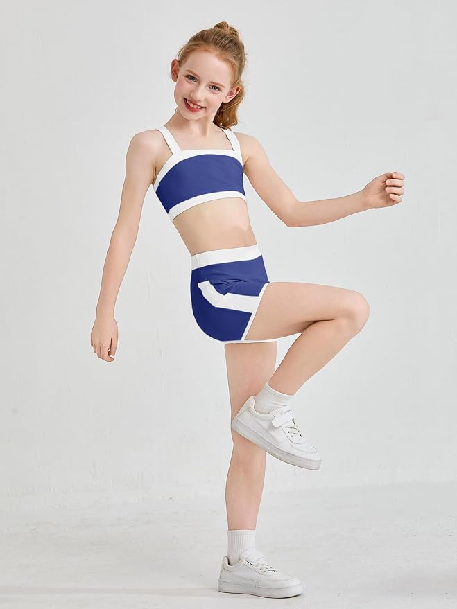 Haloumoning Girls 2 Piece Outfits Athletic Color Block Training Bra and High Waisted Shorts Clothing Sets 5-14Y