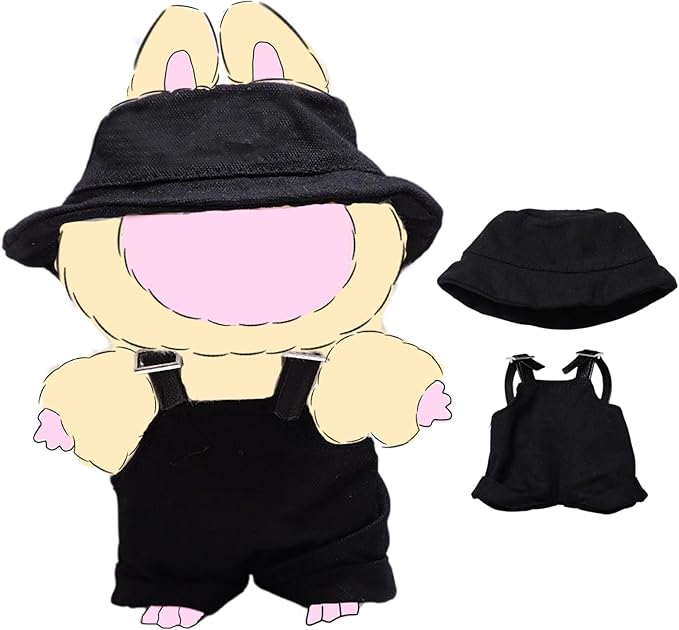 17cm Clothes for Dolls, Hat & Overalls Clothes Set Outfit for Dolls, Keychain Accessories for Doll, Suitable Gifts for Children (NO Doll) (2PC-Black)