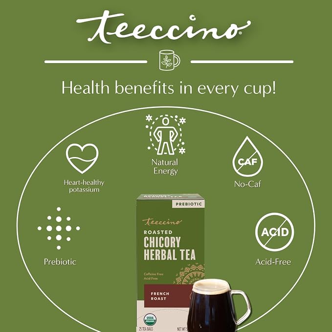 Teeccino French Roast Herbal Tea - Rich & Roasted Herbal Tea That’s Caffeine Free & Prebiotic for Natural Energy, Coffee Alternative, 25 Tea Bags