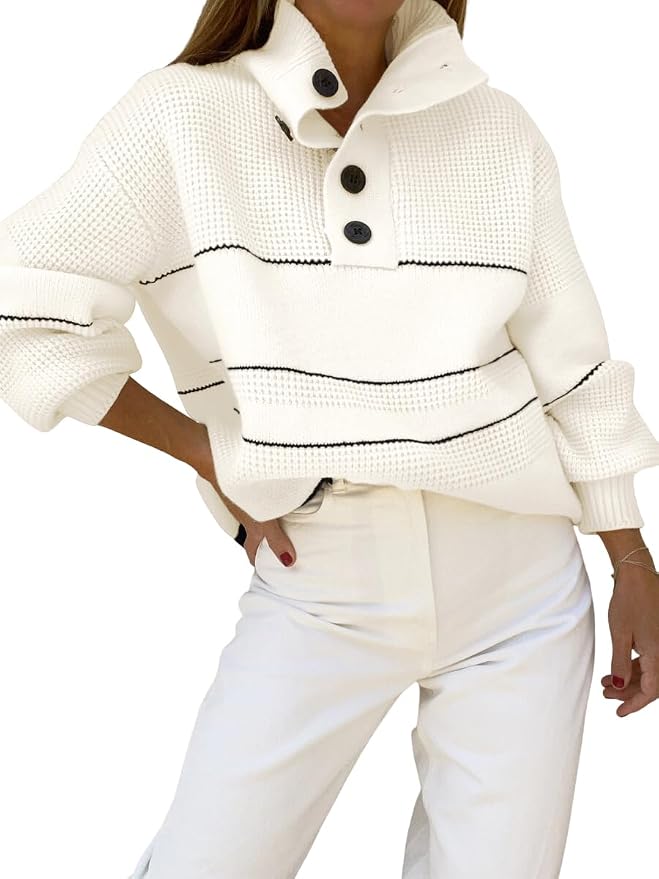 chouyatou Women's Slouchy Waffle Knit Sweater 1/2 Button Polo Collared Pullover Striped Sweater Tops