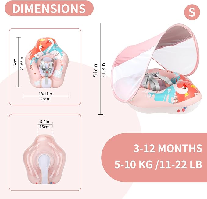 Free Swimming Baby Inflatable Baby Swim Float with Sun Canopy Size Improved Infant Pool Floaties Swimming Pool Toys for The Age of 3-36 Months (Pink, Small)