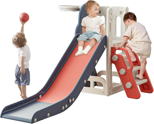 Toddler Slide,Kids Climber Slide with Storage Space and Non-Slip Steps,Indoor Outdoor Playset with Basketball Hoopa and Telescope,Slide for Toddlers Age 1-3