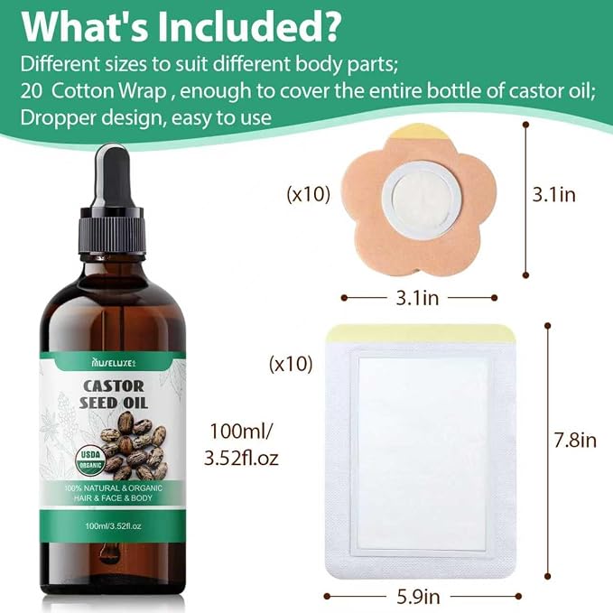 MuseLuxe 21 Pcs Castor Oil Pack Wrap,Castor Oil Organic Cold Pressed Unrefined Glass Bottle(3.5oz) for Neck,Knee,Organic Cotton Self-Adhesive Patches for Convenient Use