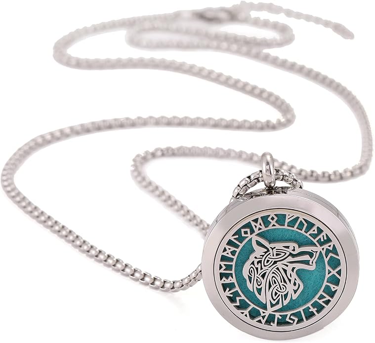 Viking Handsome Nordic Necklace with Runic Wolf Aromatherapy Essential Oil Diffuser Viking Jewelry Gift Stainless Steel Locket Pendant Necklace