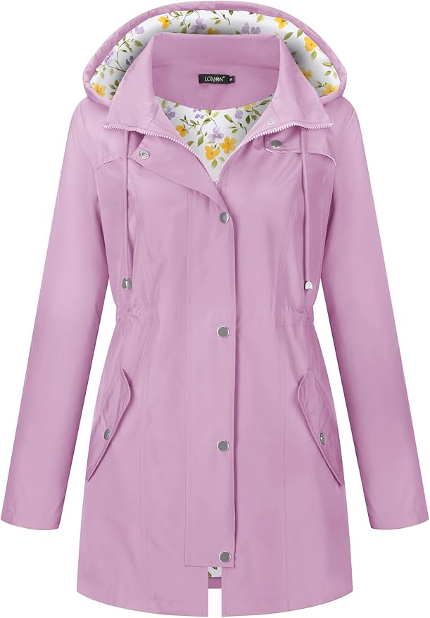 LOMON Women Waterproof Outdoor Hiking Raincoat Women Lined Rain Jacket Lightweight Hooded Jackets Trench Coats