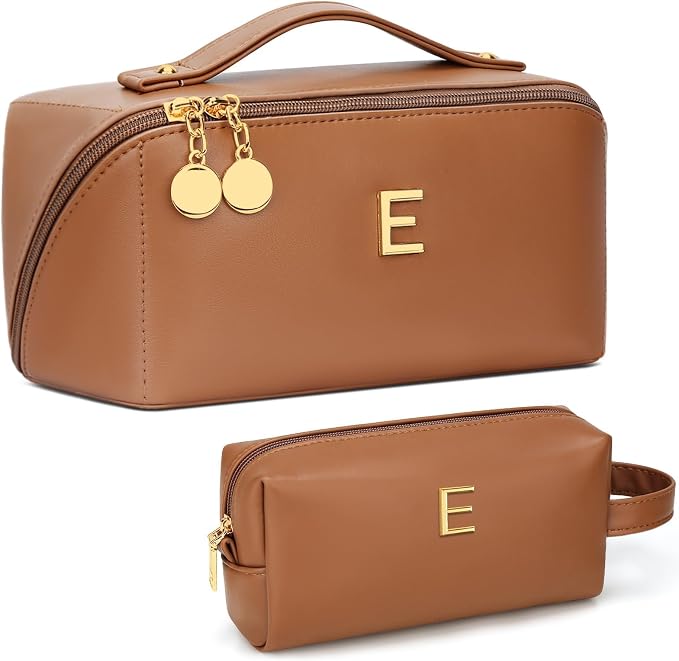 KKXIU Initial Makeup Bag for Women - Personalized Makeup Bag Gifts for Women, Travel Toiletry Bag with PU Leather, Open Flat Design with Top Handle, Cosmetic Bag Set with Multi-Pocket (Brown,E)
