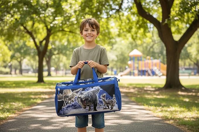 Jurassic World Kids Duffle Bag 16.5" – Dinosaur Travel & Sports Bag with Zipper Pocket, Mesh Side Pockets & Strap