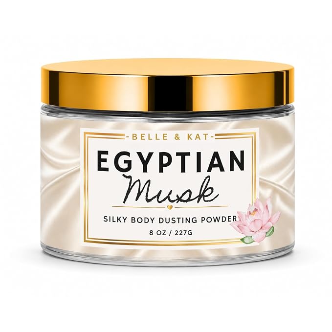 Egyptian Musk Scented Body Powder for Men & Women, Bath Perfume Dusting Powder with Fragrance & Essential Oils, Talc Free 8oz Container with Soft Puff, Made in USA