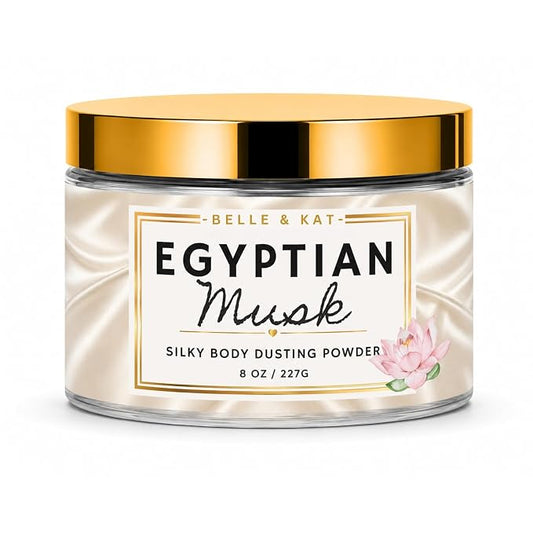 Egyptian Musk Scented Body Powder for Men & Women, Bath Perfume Dusting Powder with Fragrance & Essential Oils, Talc Free 8oz Container with Soft Puff, Made in USA