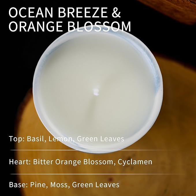 Luxury Marble Jar Scented Candle | Women Men | Non Toxic 100% Natural Coconut & Soy Wax Blend Cotton Wick | Hand Poured Highly Scented Long Lasting (Ocean Breeze & Orange Blossom, 10 oz)