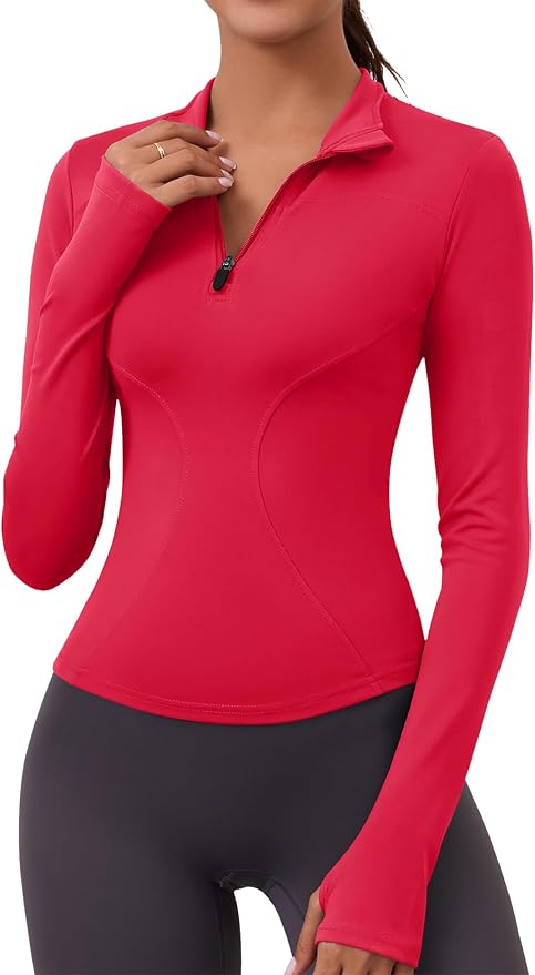 LOMON Womens Long Sleeve Workout Tops Quick Dry Quarter Zip Pullover Crop Yoga Athletic Slim Fit Shirts