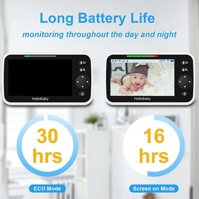 HelloBaby No WiFi Baby Monitor 5" Screen 30-Hour Battery Pan-Tilt-Zoom Video Upgrade with Camera and Audio, Night Vision, VOX, 2-Way Talk, 8 Lullabies and 1000ft Range, HB6550