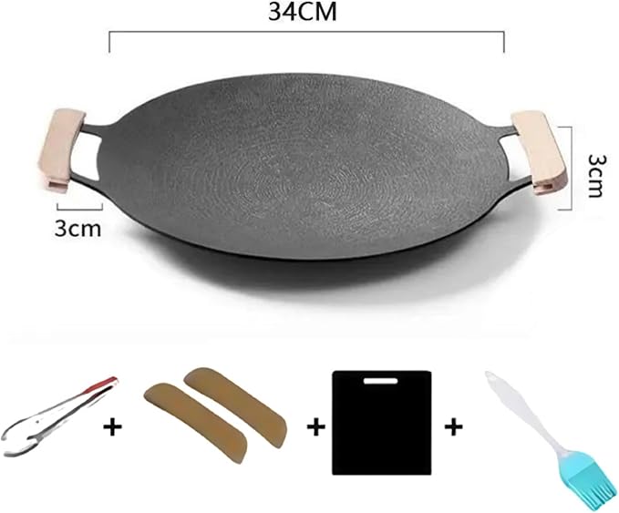 Non-stick Round Baking Pan, Korean Grill Pan for Indoor Cooking, Multifunctional Frying and Baking Pan with Tool for Home Kitchen BBQ (34cm/13.4in)