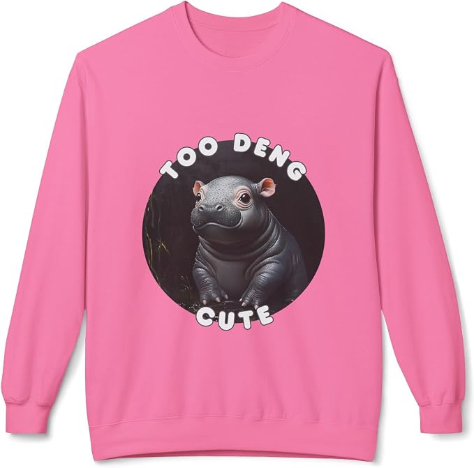 Unisex Fleece Crewneck Sweatshirt - Too Deng Cute Moo Deng Hippo, Cozy Cotton Blend, Classic Relaxed Fit