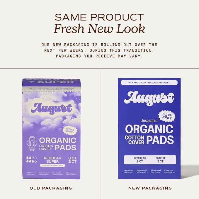 August Regular & Super Organic Pads for Women, 36 (18+18) Ultra Thin Pads with Wings, Hypoallergenic Sanitary Napkins with Organic Cotton Topsheet, Compostable Wrapper, Non-Toxic, Fragrance-Free