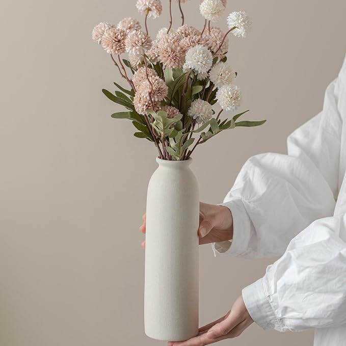 Ceramic Vase Set-3, 10.3 Inch Tall Flower Vases for Decor, Modern Boho Farmhouse Style, Decorative Vases for Pampas Grass & Dried Flowers, Distressed Finish (L Beige)