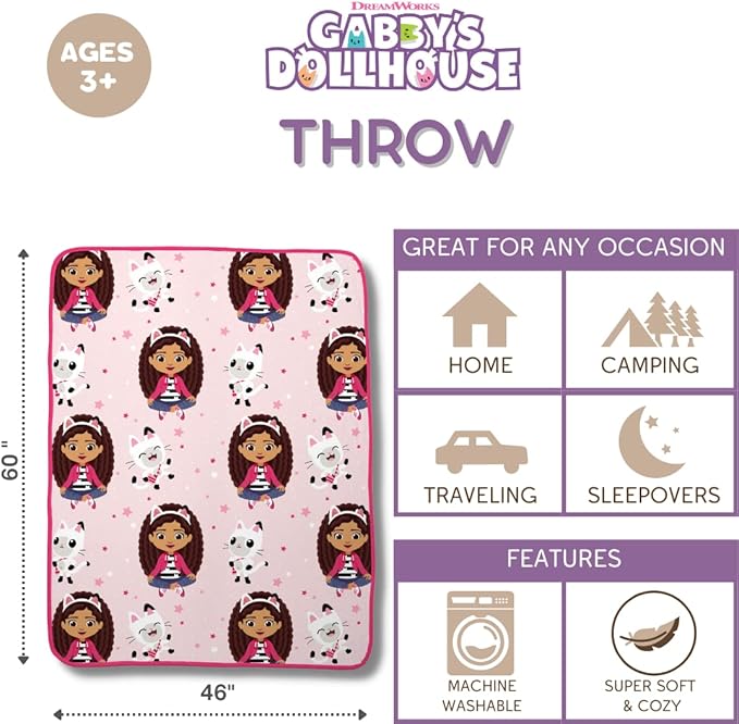 Gabby's Dollhouse Kids Bedding Super Soft Micro Raschel Throw, 46 in x 60 in, (Official DreamWorks Product) by Franco