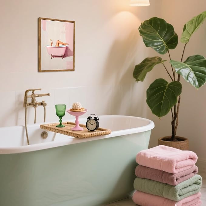 Funny Pink Girl Bathroom Wall Art, Cute Girly Bathtub Wall Decor Painting Trendy Pastel Woman and Martini Bathroom Poster Canvas Print Artwork 16x24 inch Framed