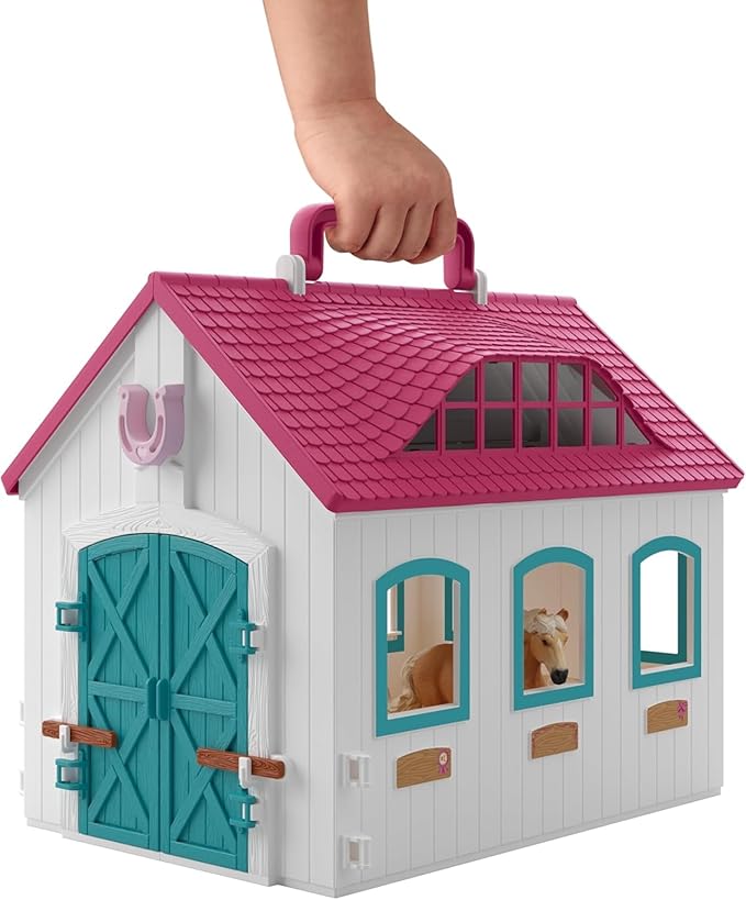 Schleich Horse Club - 60PC Little Horseshoe Open Stable Playset - Easy Carry Set with 2 Horse Figurines, Action Figure, Stable and Accessories - Toy Horses for Girls and Boys - Kids Ages 4+ | 42703