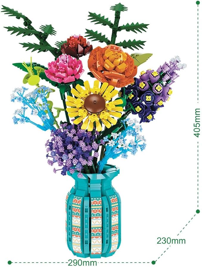 Pashion Sunflower Building Set DIY – 1583 PCS Artificial Flower with Vase, Creative Home Decor & Gift for Women, Adults