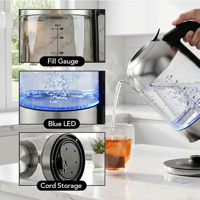OVENTE Electric Kettle, 1.8L Glass Tea Kettle & Stainless Steel BPA-Free Cordless Electric Kettle, 1500W Fast Boil Electric Pot with Easy-Fill Lid, Auto Shut-Off & Boil Dry Protection, Silver KG751S