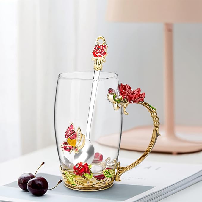 OEAGO Gifts for Women Mom Mothers Tea Cup Best Birthday Butterfly Rose Gifts for Her from Daughter Son Glass Coffee Christmas Enamels Mug Lead-Free with Spoon Set