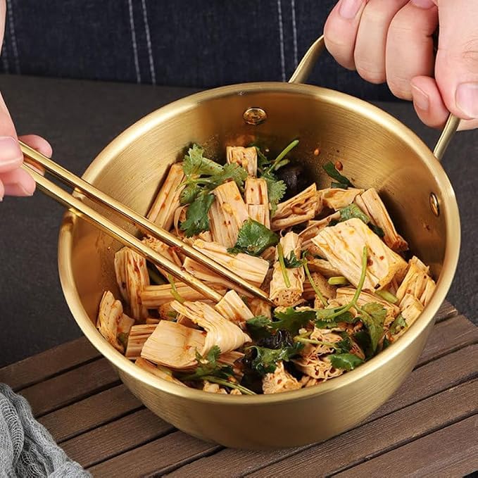 DECHOUS 1Pc Stainless Steel Instant Noodles Bowl 10 Inch Golden Korean Style Noodle Pot with Handle for Cooking Gas Induction Electric Stoves, Ideal for Soups and Ramen