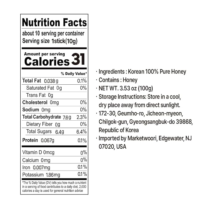 Korean Food Nongbu Wildflower Honey Sticks, Single-serve 10g x 10 Pk | Korean wildflower honey in convenient single-serve sticks with rich floral sweetness for tea, snacks, and travel.