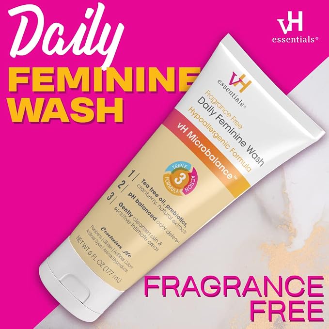 vH Essentials Daily Feminine Wash - 6 Fl Oz - Fragrance-Free,Odor Eliminating Body&Vaginal Wash with Tea Tree Oil,Prebiotics and Lactic Acid for pH Balance, Odor Defense and Vaginal Health (Pack of 2)