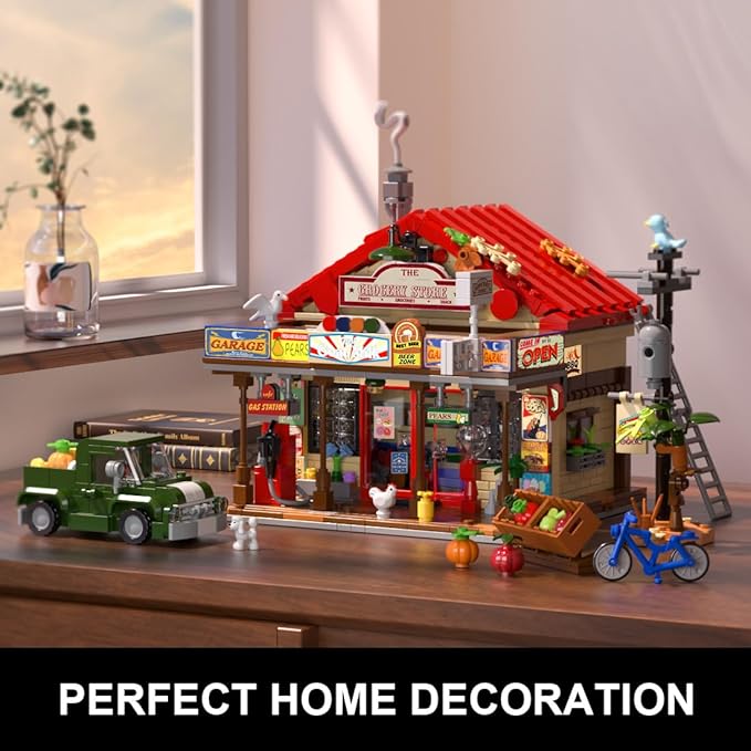 Country General Store Building Set for Adults with Lights, 1709 PCS Vintage Shop House Construction Building Block Kit, Home Decor Cabin Architecture Model for Women Men Teens Boys Girls 12+