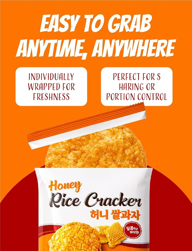 Crispy Honey Snow Flower Rice Crackers, Individually Wrapped Korean Rice Snacks, Crunchy Sweet Rice Crackers, 40 Pack