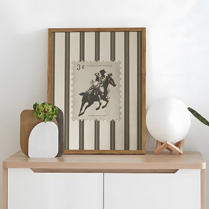 Vintage Western Wall Art Southwest Cowboy Wall Decor Pictures Mid Century Southwestern Striped Cowboy Riding Horse Poster Canvas Prints for Bedroom Living Room 12x16 inch Wood Framed