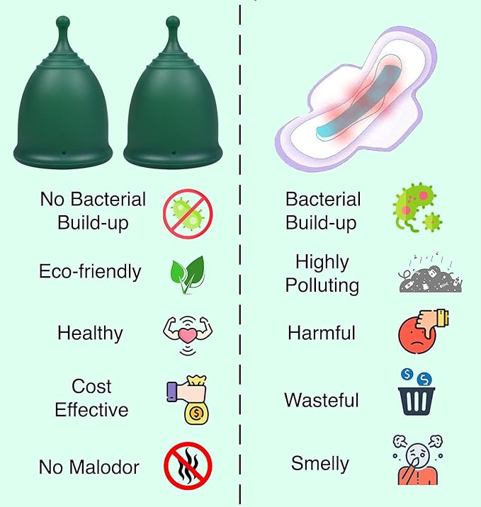 SHORDY Reusable Menstrual Cups (Large) Set of 2 with Mini Box, Medical Grade Silicone, Coupe Menstruelle, Safe Period Cup, Heavy Flow Kit, Feminine Hygiene, Tampons, Pads & Disc Alternative (Green)