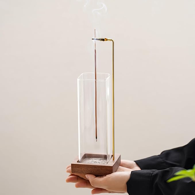 Ceremony Incense Holder,2 Pack Wood Incense Holder for Sticks with Glass Ash Catcher Ceremony Incense Holder