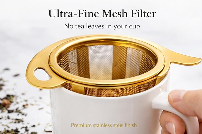Tea Infuser Set (2 Pack) – Gold Stainless Steel Loose Leaf Tea Strainers with Drip Trays & Scoop – Gift Box for Tea Lovers
