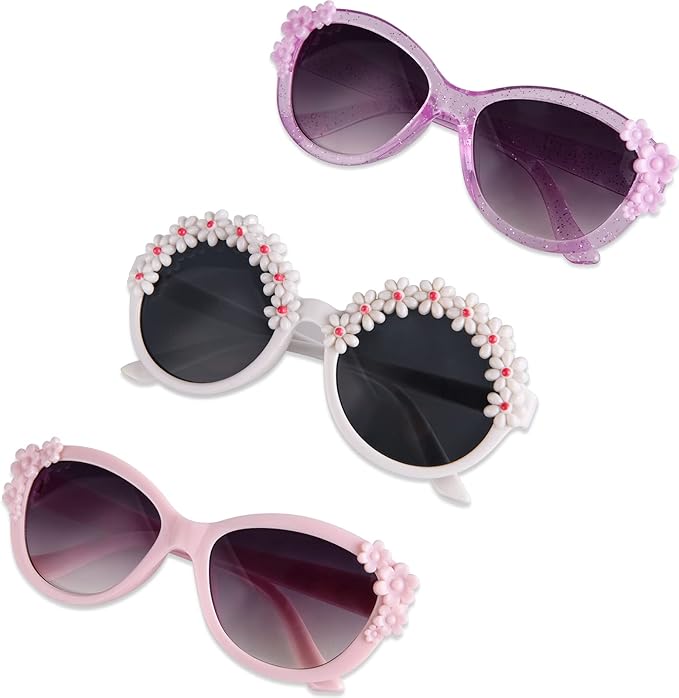 XINB LOOK 3-Pairs Gift Kids Sunglasses Girls, Cute Flower Frame Cartoon UV400 Glasses, Toddler Sunglasses for Ages 3-10