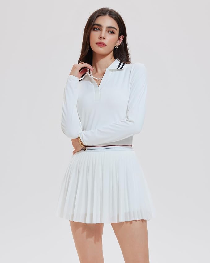 Mudere 2 Piece Golf Outfits for Women Tennis Skirt Set Built-in Shorts | Deep V-Neck Lapel, Silky Breathable High Stretch Fabric, Side Pockets, Activewear, Athletic Wear