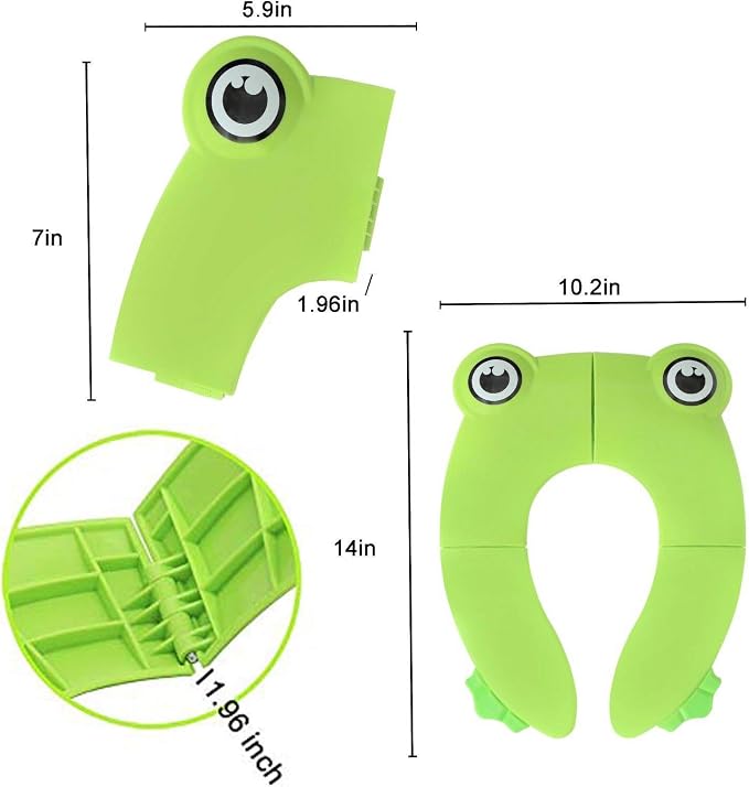 Toilet Potty Training Seat Cover, Travel Toilet Seat, Folding Non Slip Silicone Pads, Travel Portable Reusable Kids Toddlers Boys Girls, Carry Bag (Green - Frog)