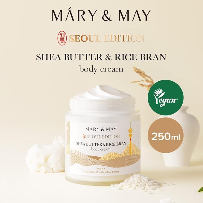 Mary&May 20% Shea Butter & Rice Bran Body Cream, 8.45 oz | Korean fragrance-free vegan body cream with 20% shea butter, rice bran & ceramide NP for dry, rough skin — non-greasy velvet