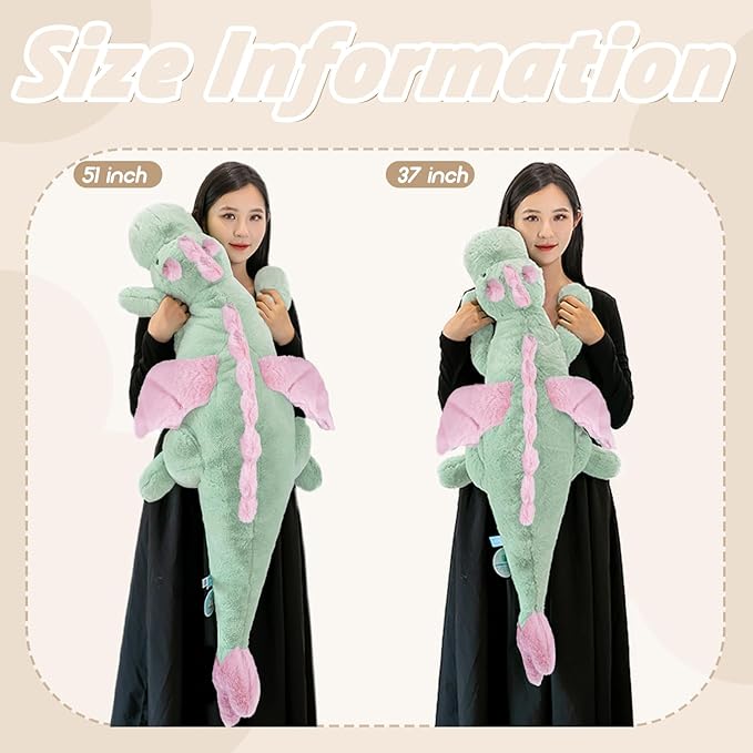 ARELUX Large 37in Cute Dragon Stuffed Animals Plush Toy Soft Matcha Green Pterosaur Plushie Giant Fuzzy Dinosaur Pillow Plushies with Pink Wings Cuddly for Friends Family Member